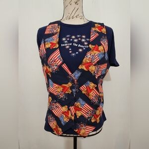 Vintage Teddy Bear Fireworks USA Vest & America The Beautiful Blue Shirt. Size M